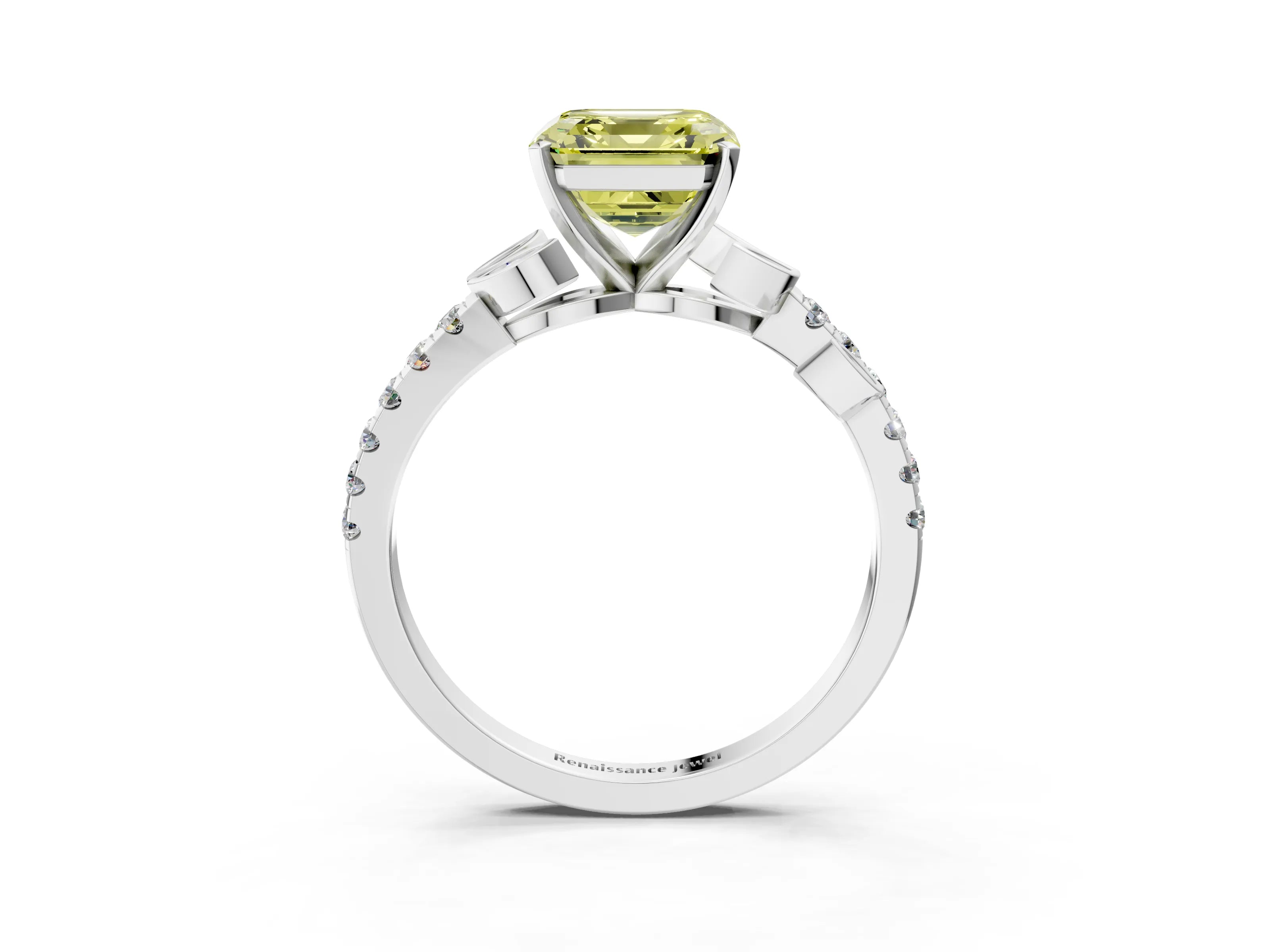 White gold Fancy Yellow Asscher Cut Solitaire Leaf-Inspired Diamond Ring with Pavé Band and Four-Prong Setting_15
