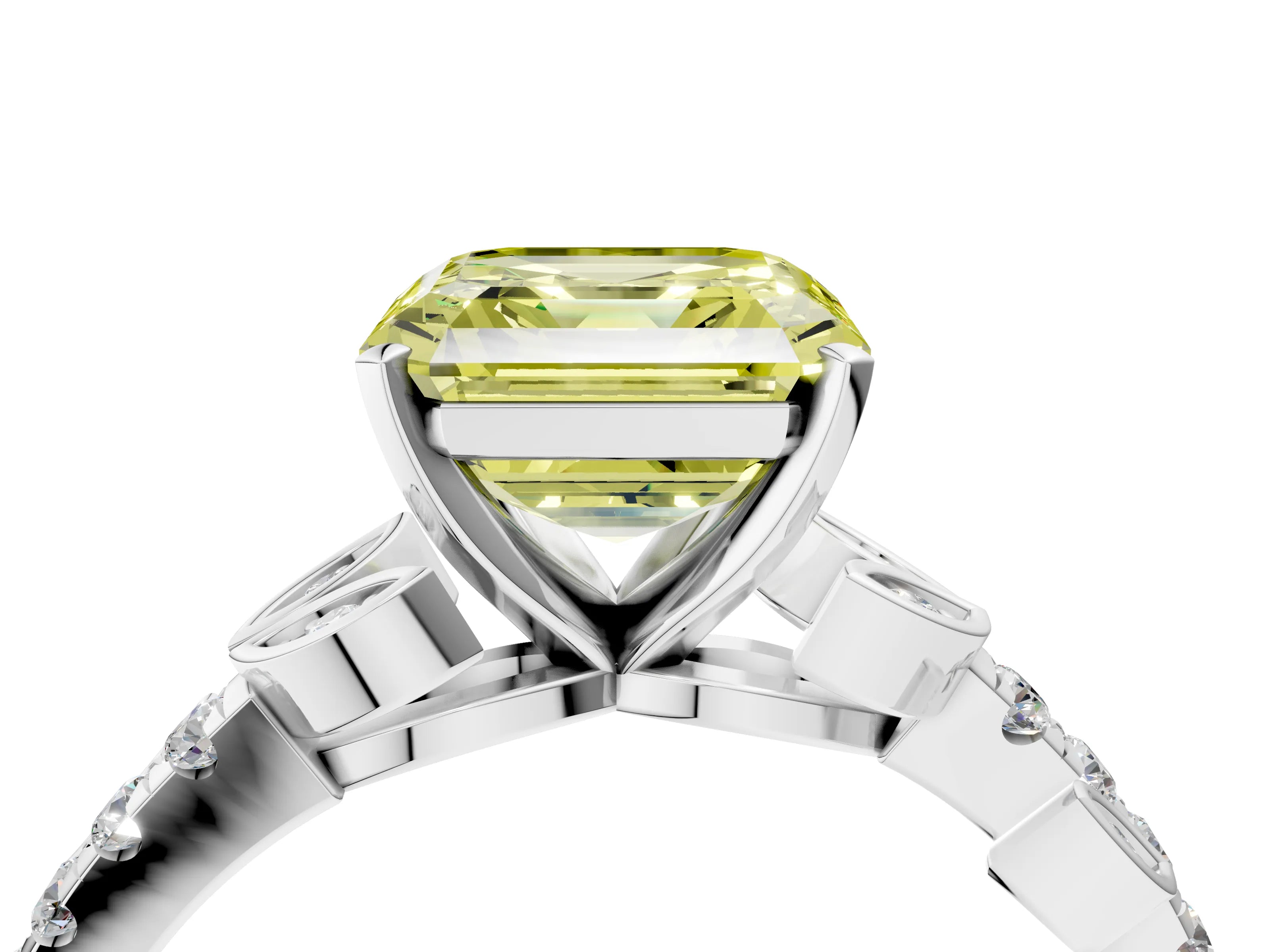 White gold Fancy Yellow Asscher Cut Solitaire Leaf-Inspired Diamond Ring with Pavé Band and Four-Prong Setting_16