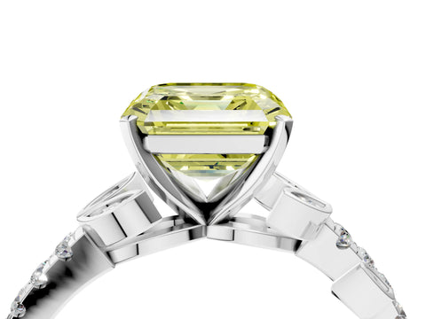 White gold Fancy Yellow Asscher Cut Solitaire Leaf-Inspired Diamond Ring with Pavé Band and Four-Prong Setting_16
