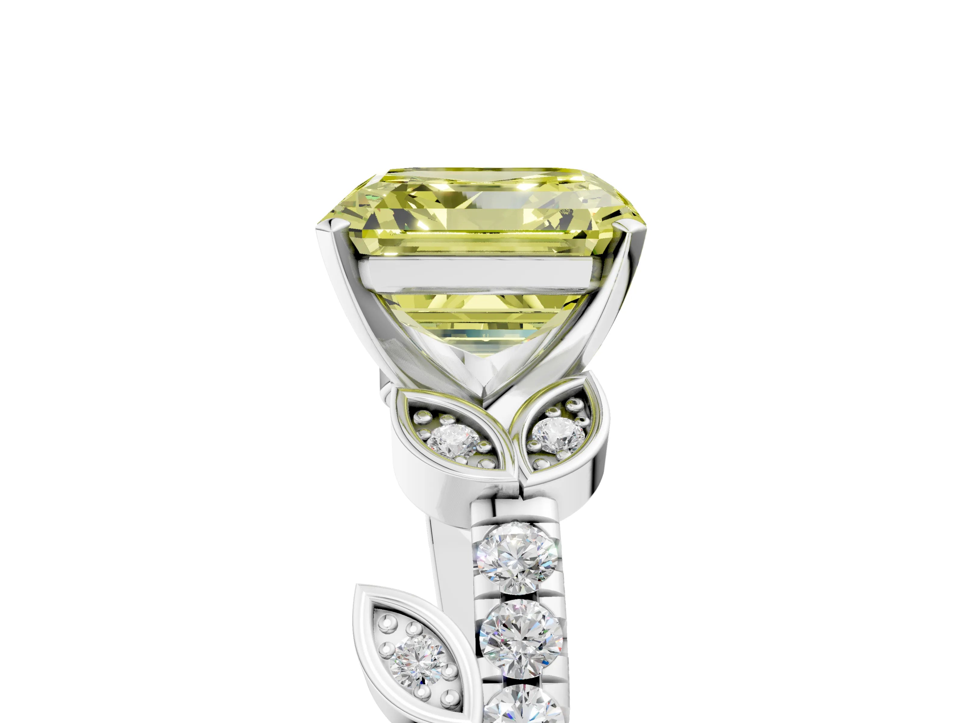 White gold Fancy Yellow Asscher Cut Solitaire Leaf-Inspired Diamond Ring with Pavé Band and Four-Prong Setting_17