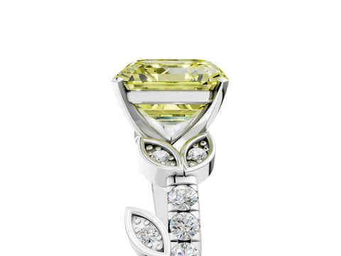 White gold Fancy Yellow Asscher Cut Solitaire Leaf-Inspired Diamond Ring with Pavé Band and Four-Prong Setting_17