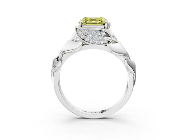 Platinum Asscher Cut Pave Leaf Bypass Engagement Ring Setting for Fancy Yellow Center