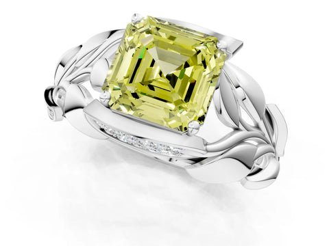 White gold Fancy Yellow Asscher Cut Solitaire Leaf-Inspired Engagement Ring with Prong Setting_1