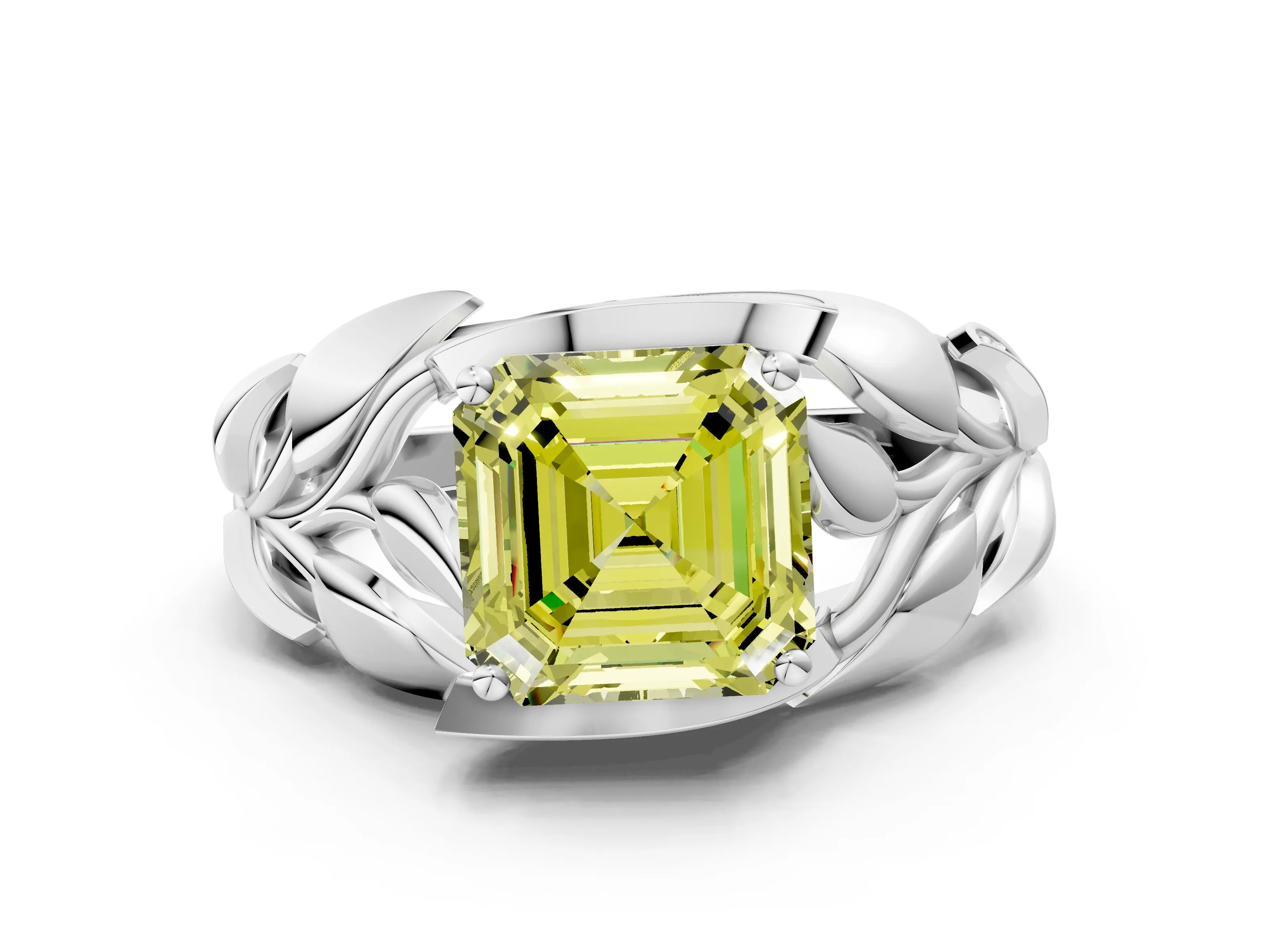White gold Fancy Yellow Asscher Cut Solitaire Leaf-Inspired Engagement Ring with Prong Setting
