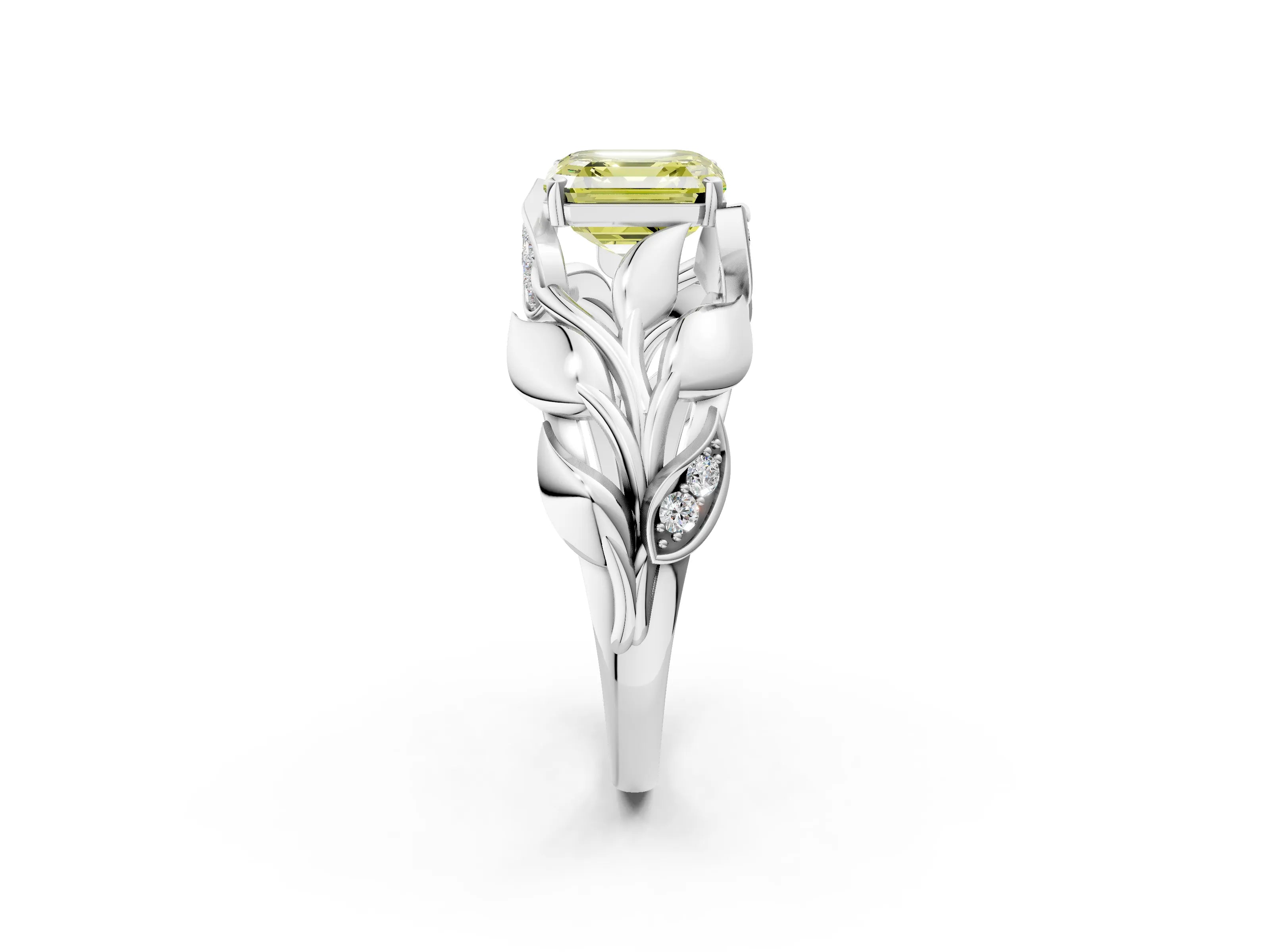 White gold Fancy Yellow Asscher Cut Solitaire Leaf-Inspired Engagement Ring with Prong Setting_2
