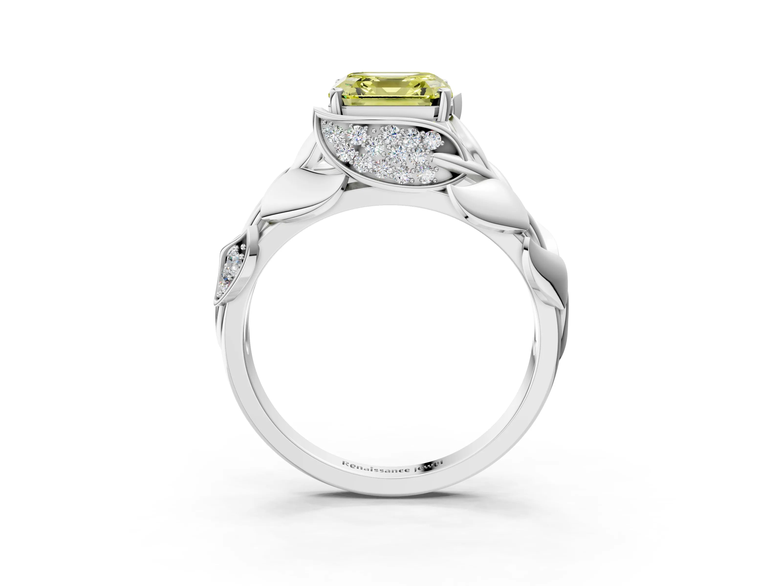 White gold Fancy Yellow Asscher Cut Solitaire Leaf-Inspired Engagement Ring with Prong Setting_3