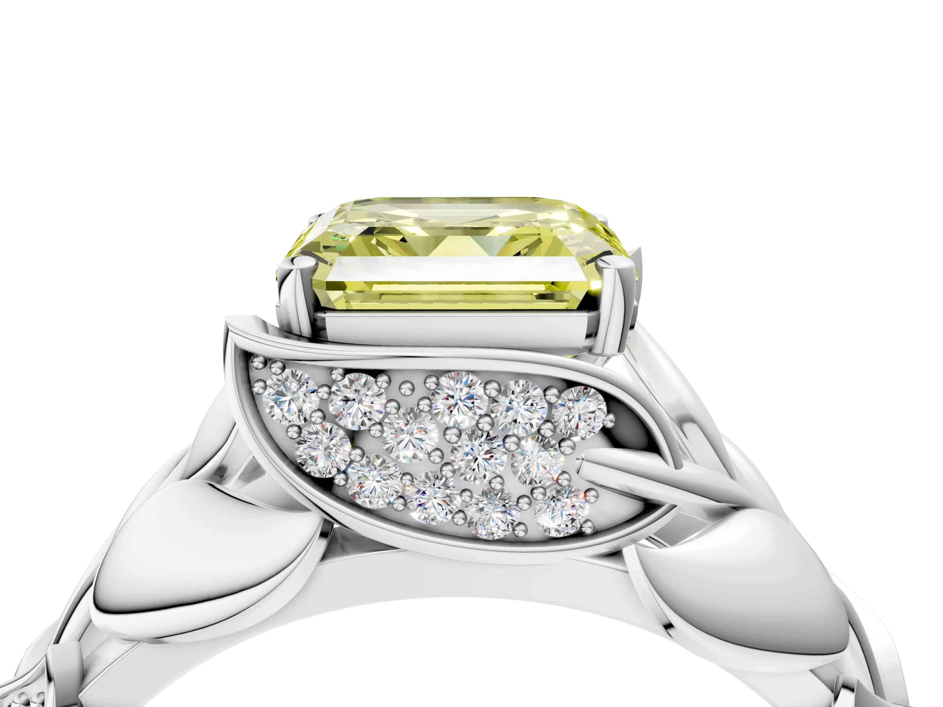 White gold Fancy Yellow Asscher Cut Solitaire Leaf-Inspired Engagement Ring with Prong Setting_4