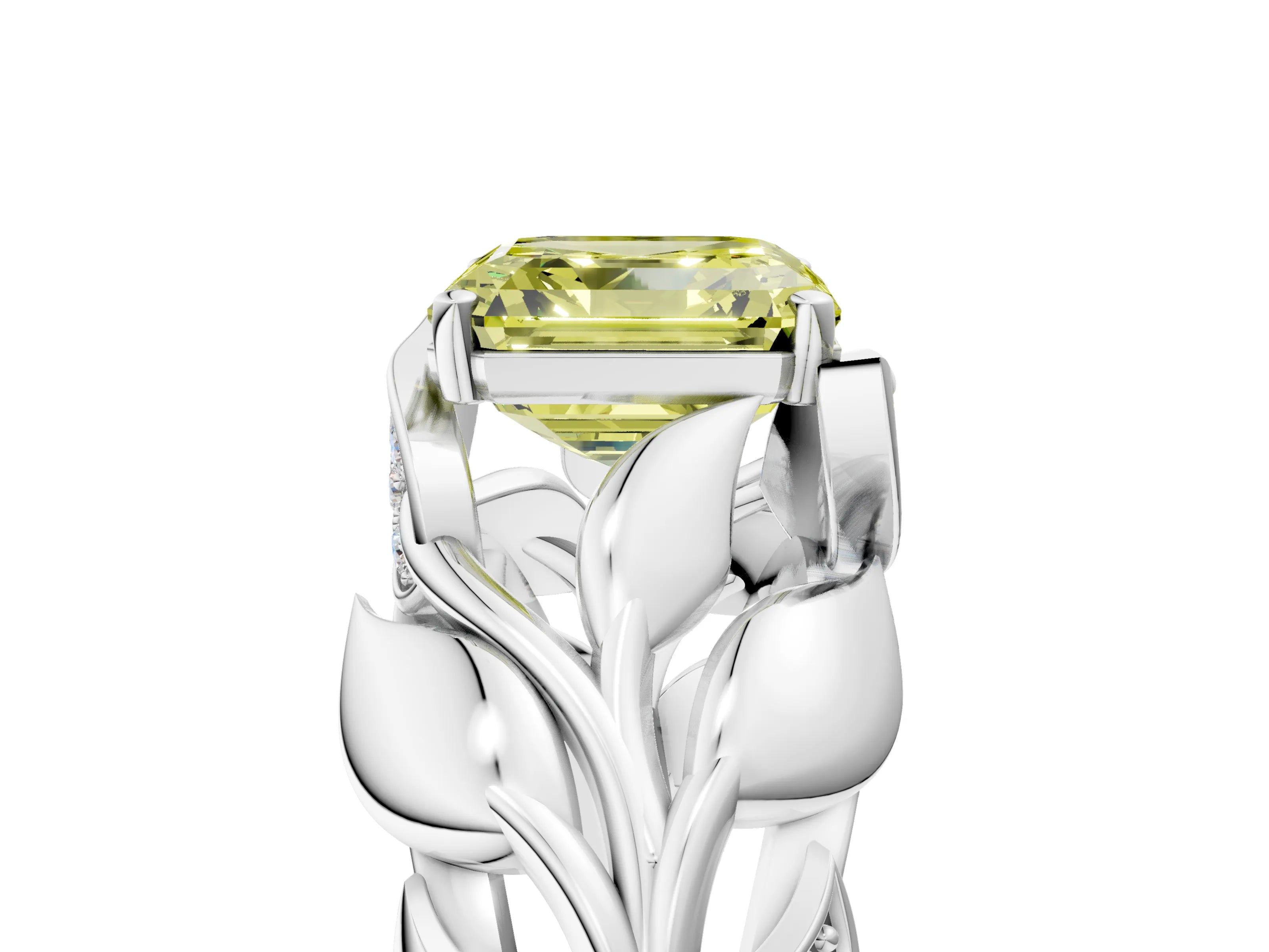 White gold Fancy Yellow Asscher Cut Solitaire Leaf-Inspired Engagement Ring with Prong Setting_5
