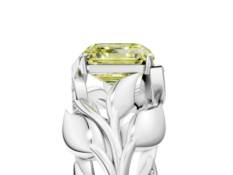 White gold Fancy Yellow Asscher Cut Solitaire Leaf-Inspired Engagement Ring with Prong Setting_5