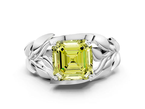 White gold Fancy Yellow Asscher Cut Solitaire Leaf-Inspired Engagement Ring with Prong Setting