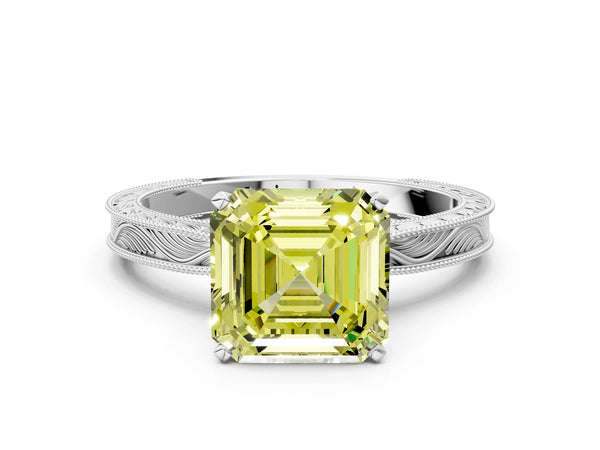 Sterling Silver Asscher Cut Vintage Solitaire Engagement Ring Setting for Fancy Yellow Center