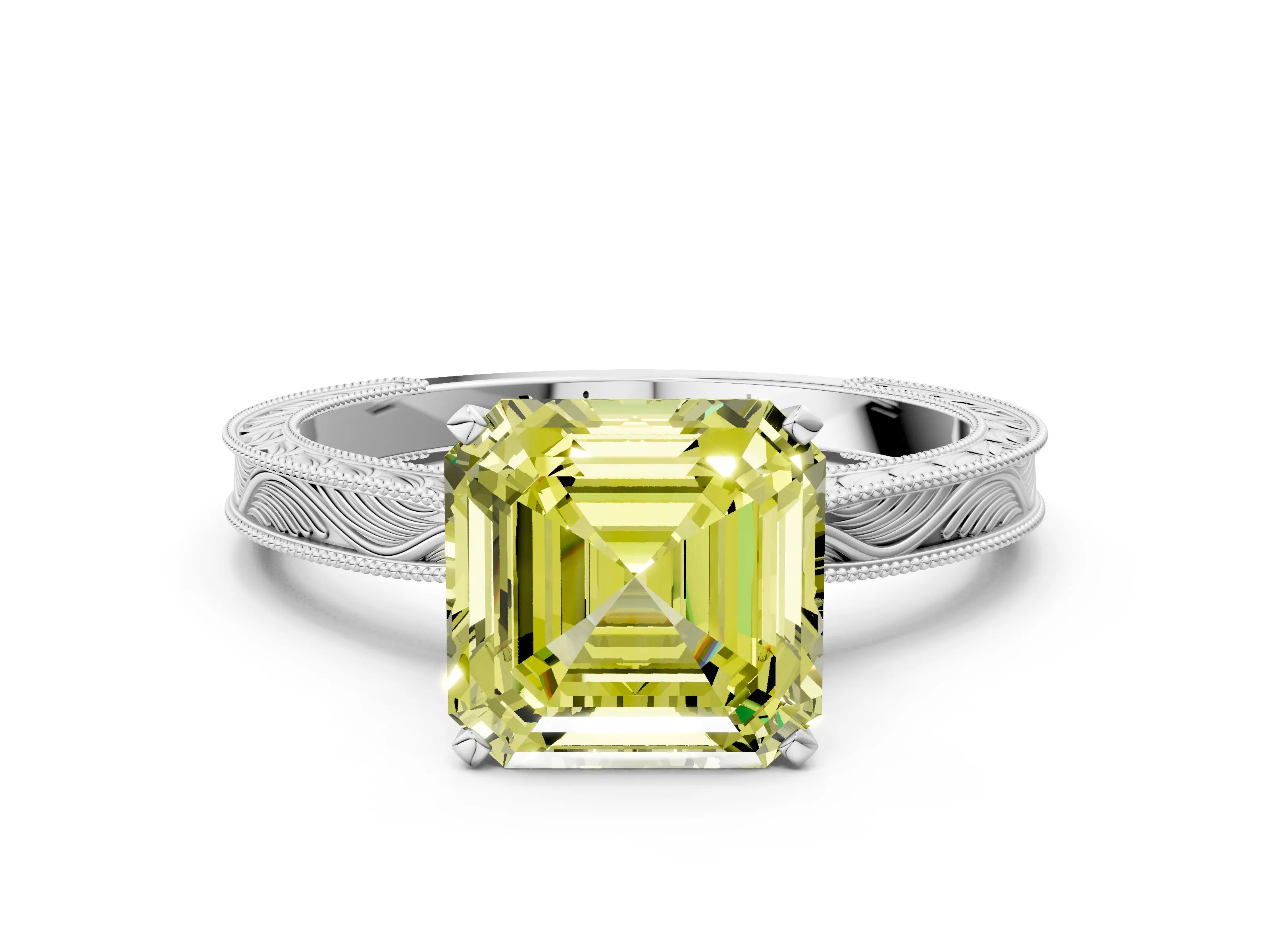 White gold Fancy Yellow Asscher Cut Solitaire Milgrain Engraved Band with Four-Prong Setting_12