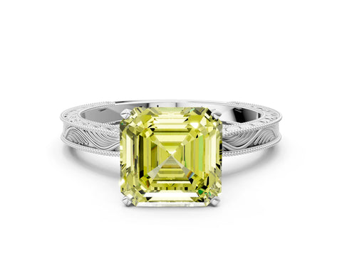 White gold Fancy Yellow Asscher Cut Solitaire Milgrain Engraved Band with Four-Prong Setting_12