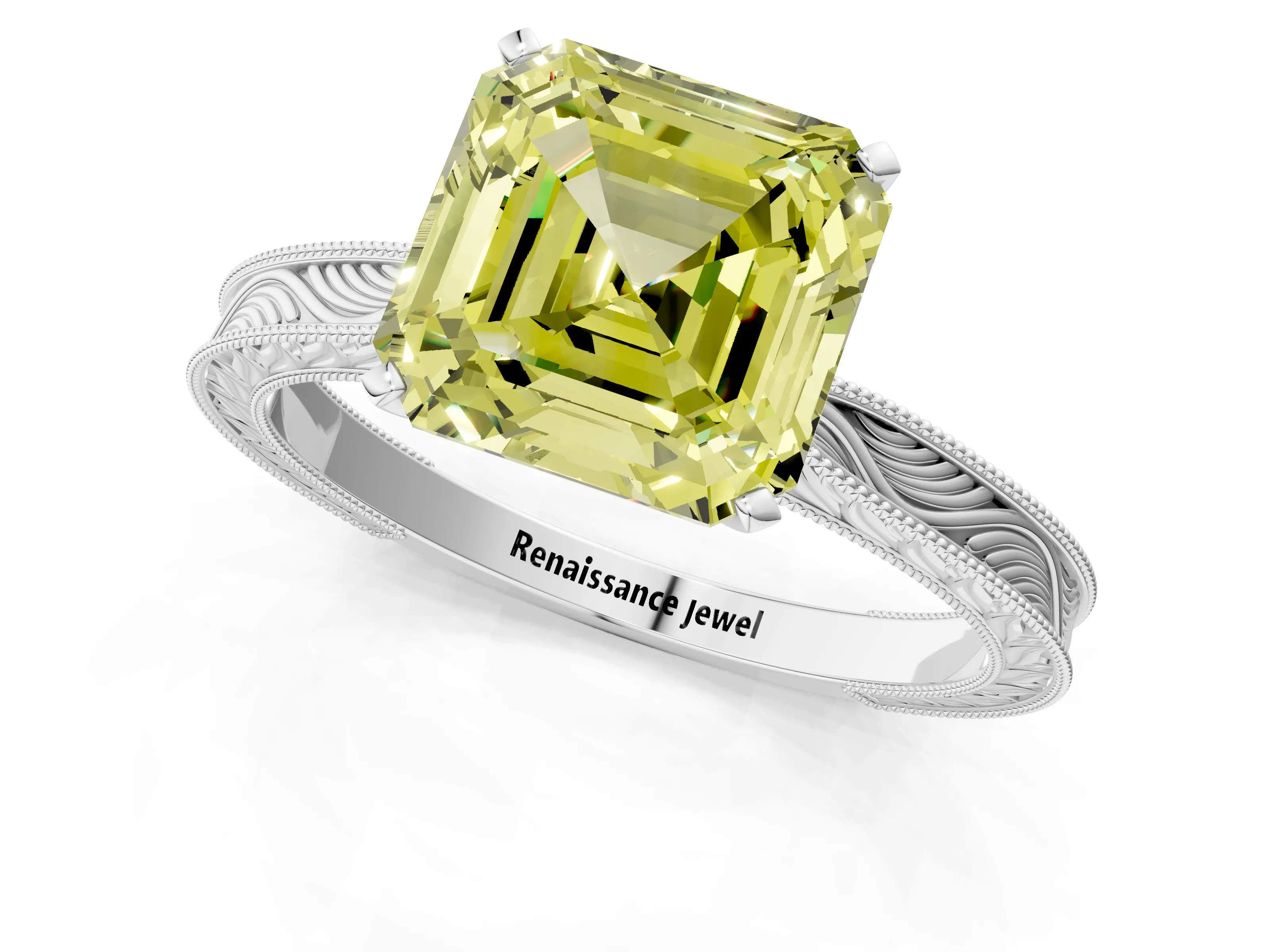 White gold Fancy Yellow Asscher Cut Solitaire Milgrain Engraved Band with Four-Prong Setting_13