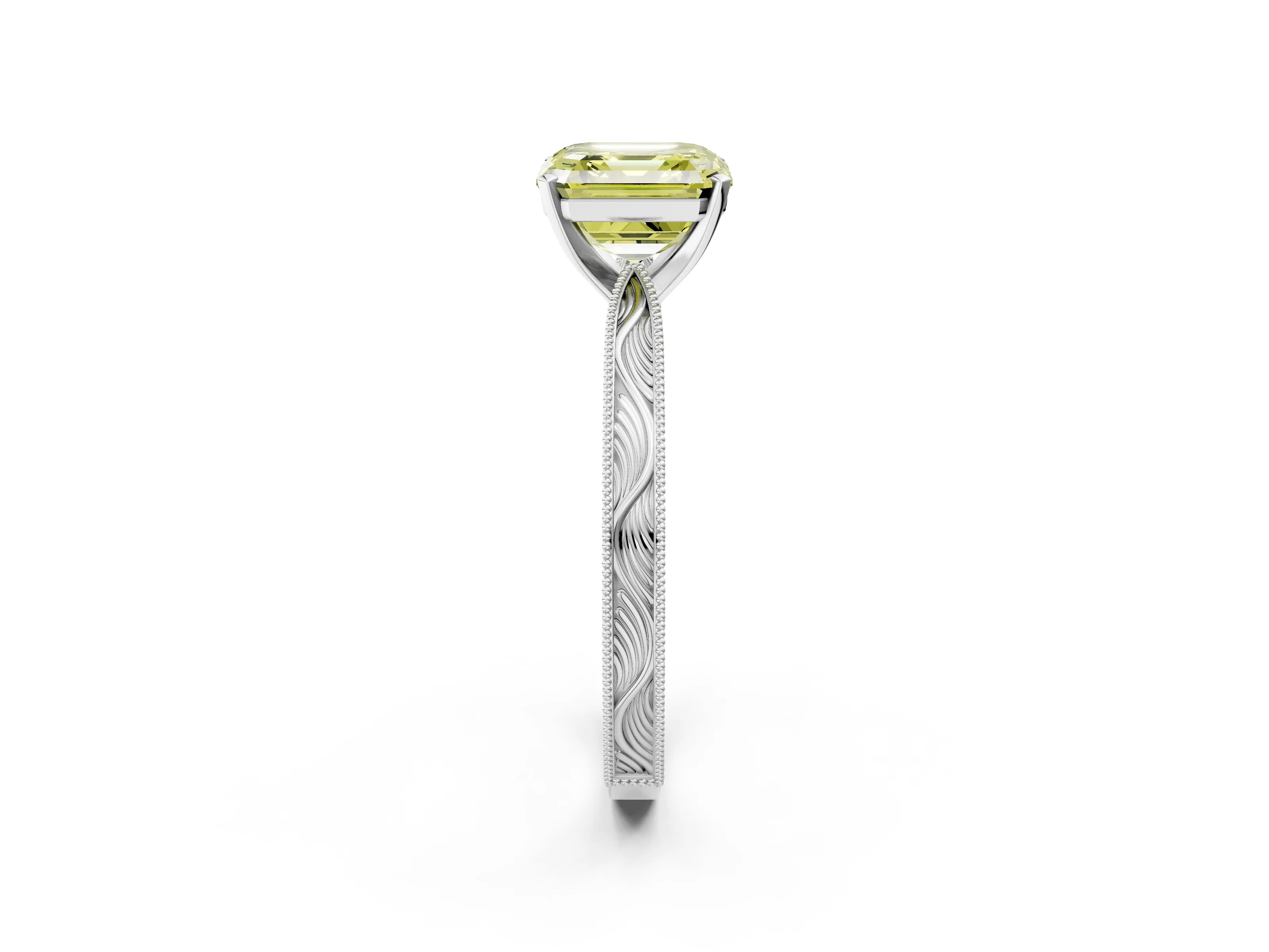 White gold Fancy Yellow Asscher Cut Solitaire Milgrain Engraved Band with Four-Prong Setting_14