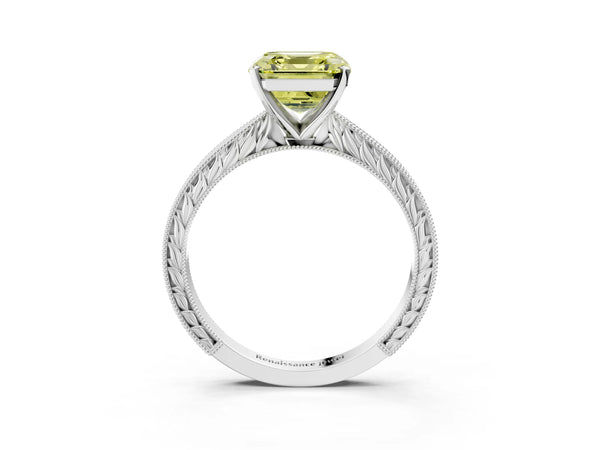 White Gold Asscher Cut Solitaire Engagement Ring Setting for Fancy Yellow Center with Engraved Band