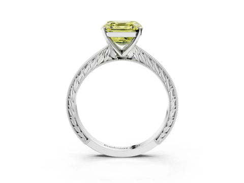 White gold Fancy Yellow Asscher Cut Solitaire Milgrain Engraved Band with Four-Prong Setting_15