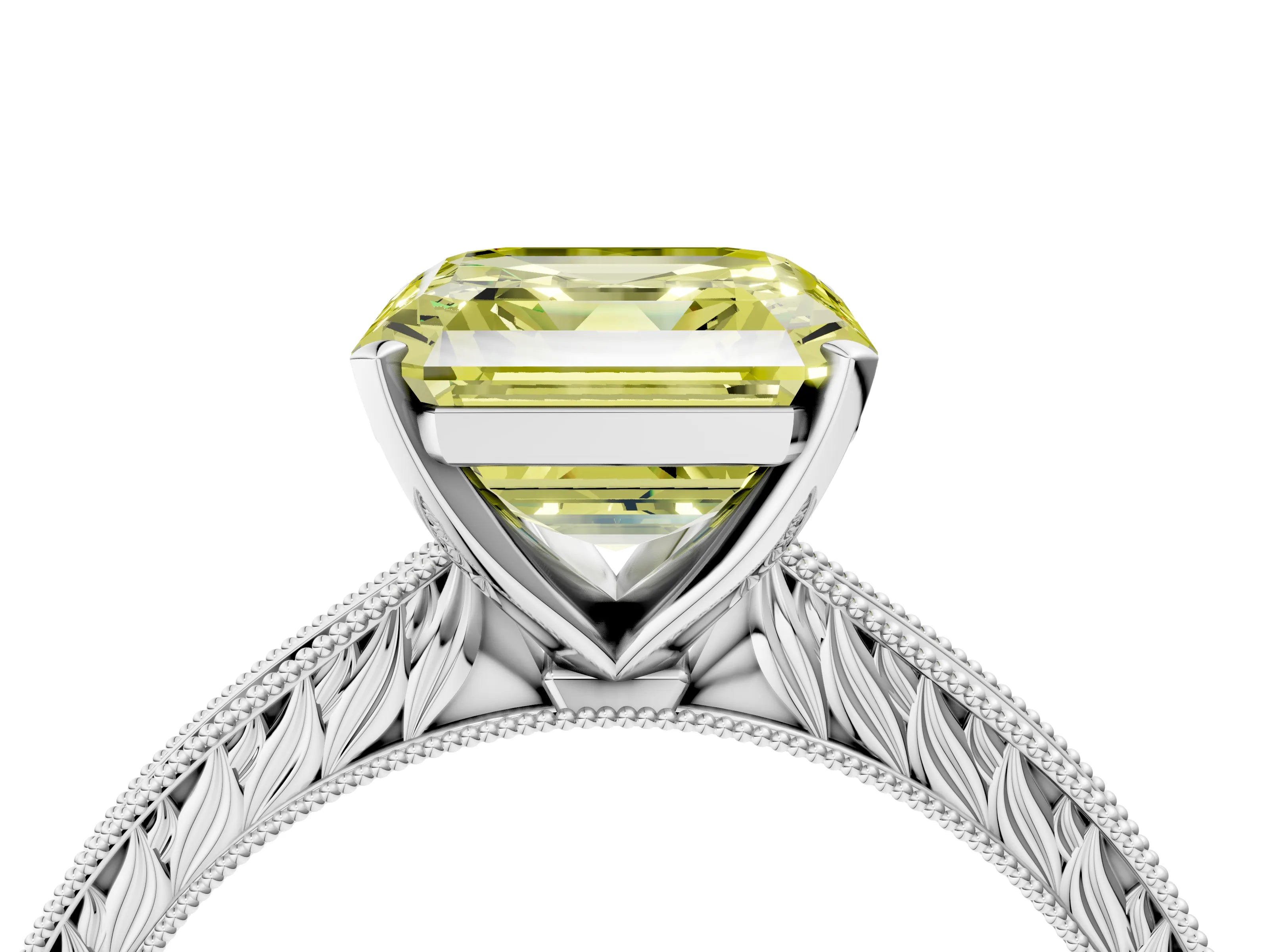 White gold Fancy Yellow Asscher Cut Solitaire Milgrain Engraved Band with Four-Prong Setting_16