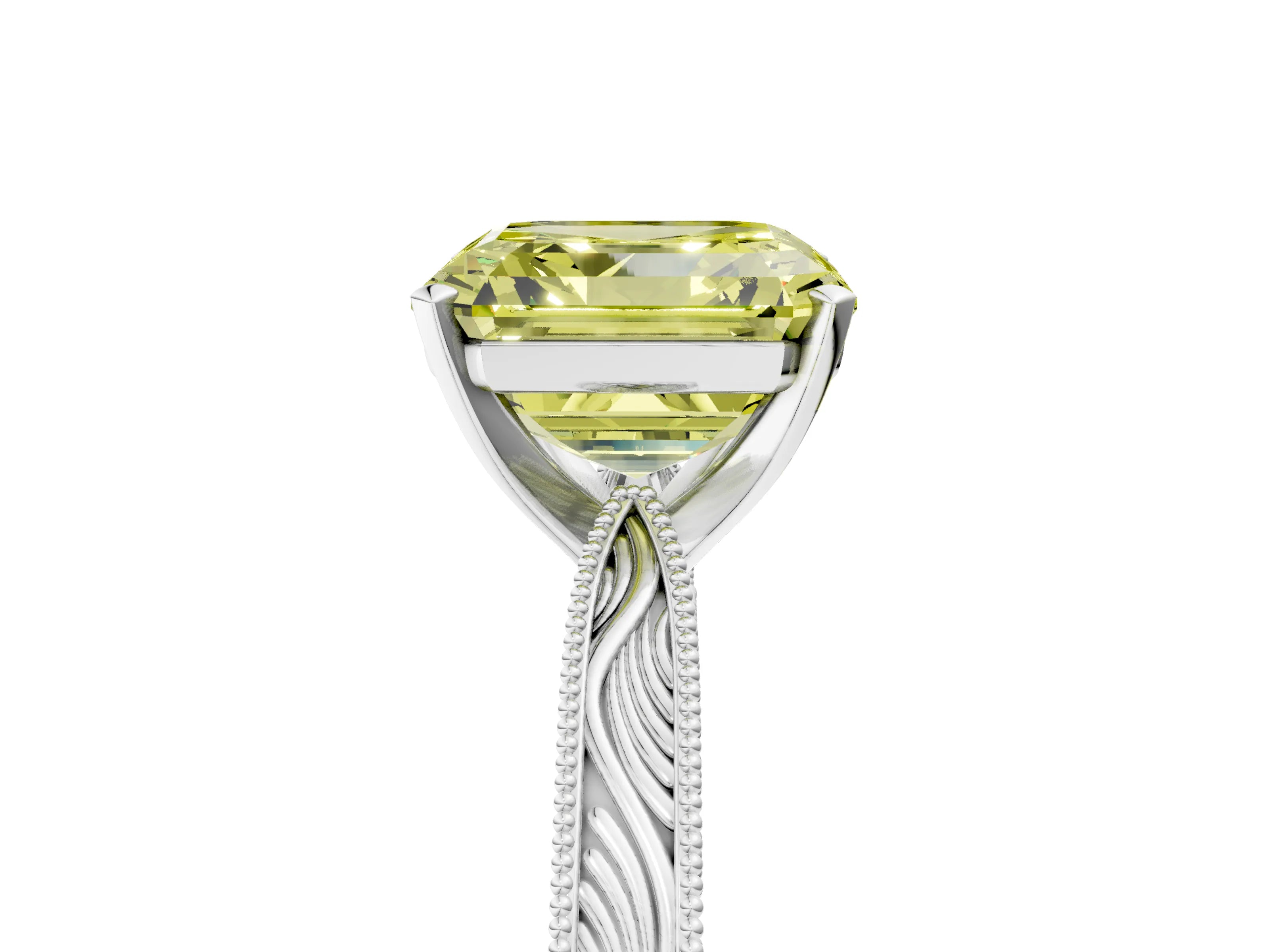 White gold Fancy Yellow Asscher Cut Solitaire Milgrain Engraved Band with Four-Prong Setting_17