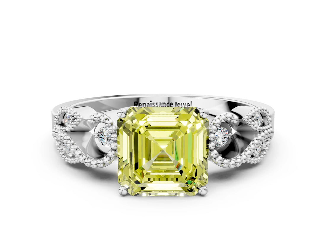 White gold Fancy Yellow Asscher Cut Solitaire Milgrain Leaf Band with Prong Setting_12
