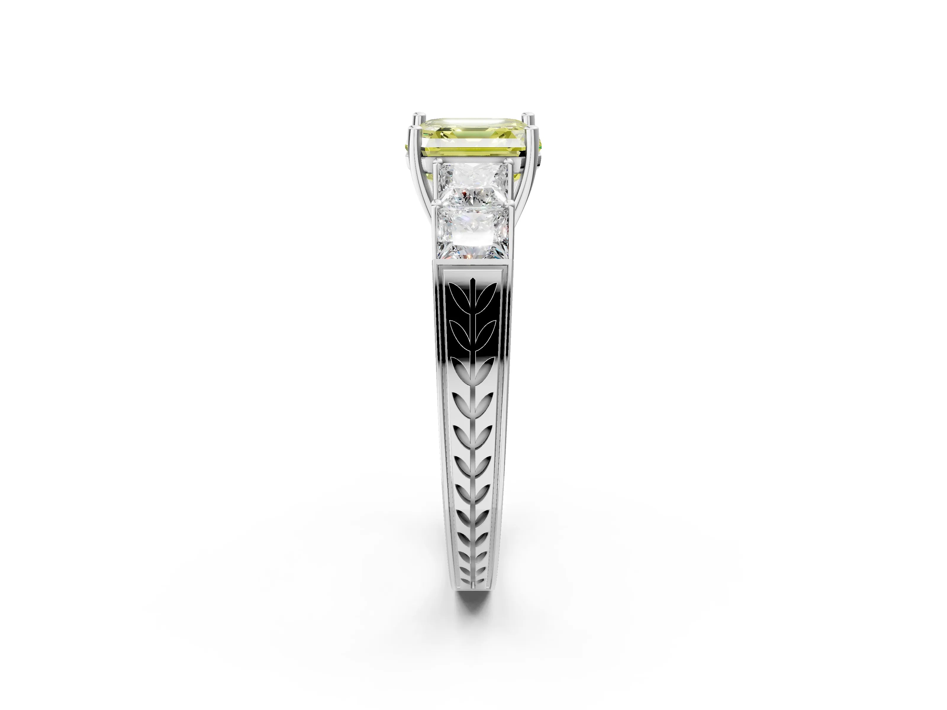 White gold Fancy Yellow Asscher Cut Solitaire Princess Side Stone Engraved Band Prong Setting Ring_2