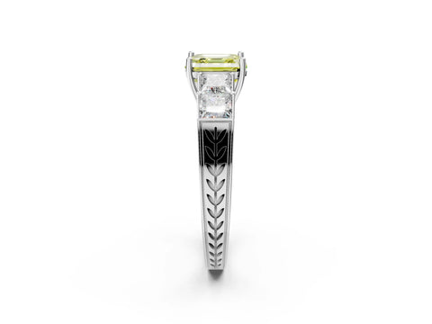 White gold Fancy Yellow Asscher Cut Solitaire Princess Side Stone Engraved Band Prong Setting Ring_2