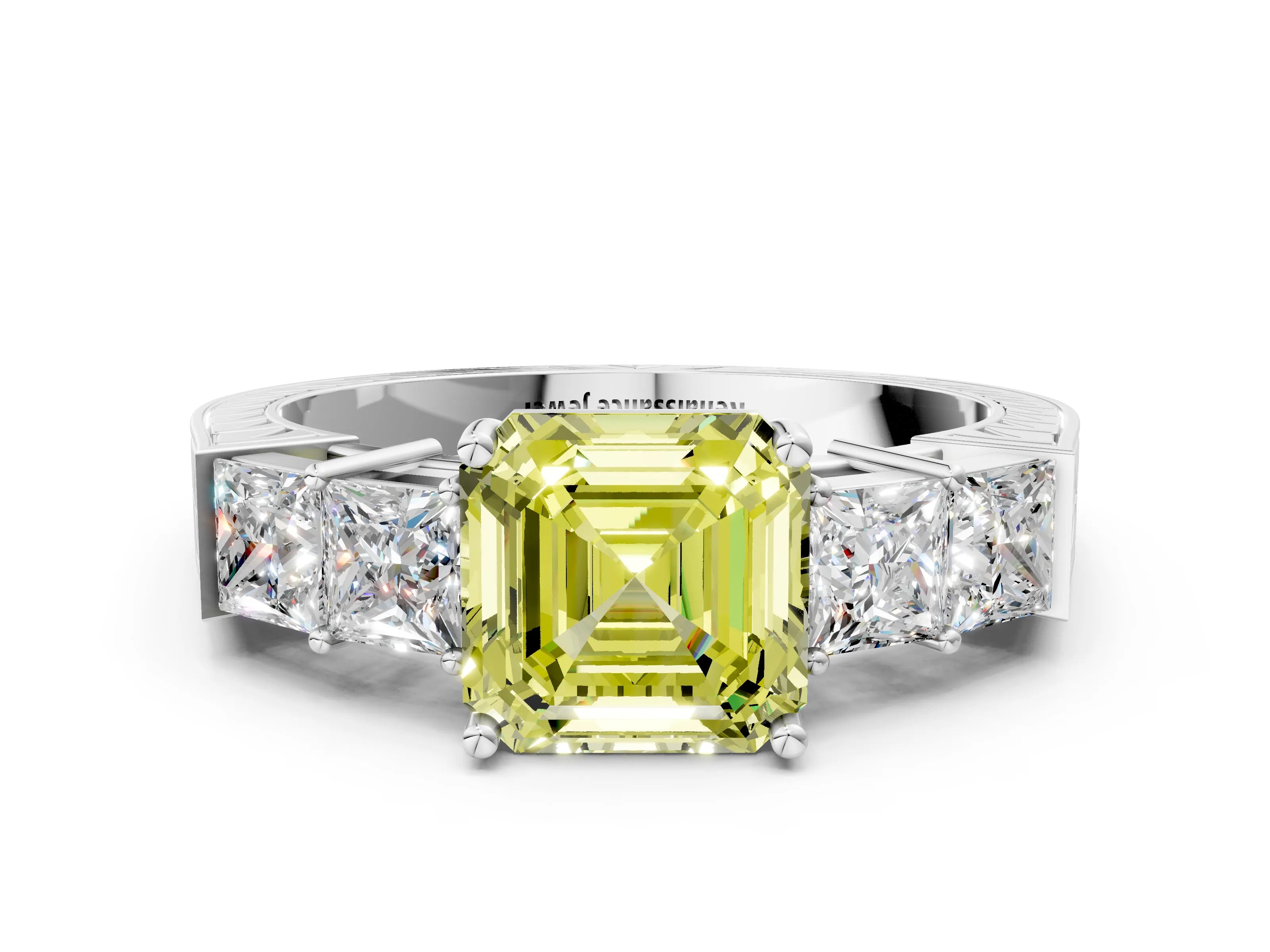 White gold Fancy Yellow Asscher Cut Solitaire Princess Side Stone Engraved Band Prong Setting Ring_36