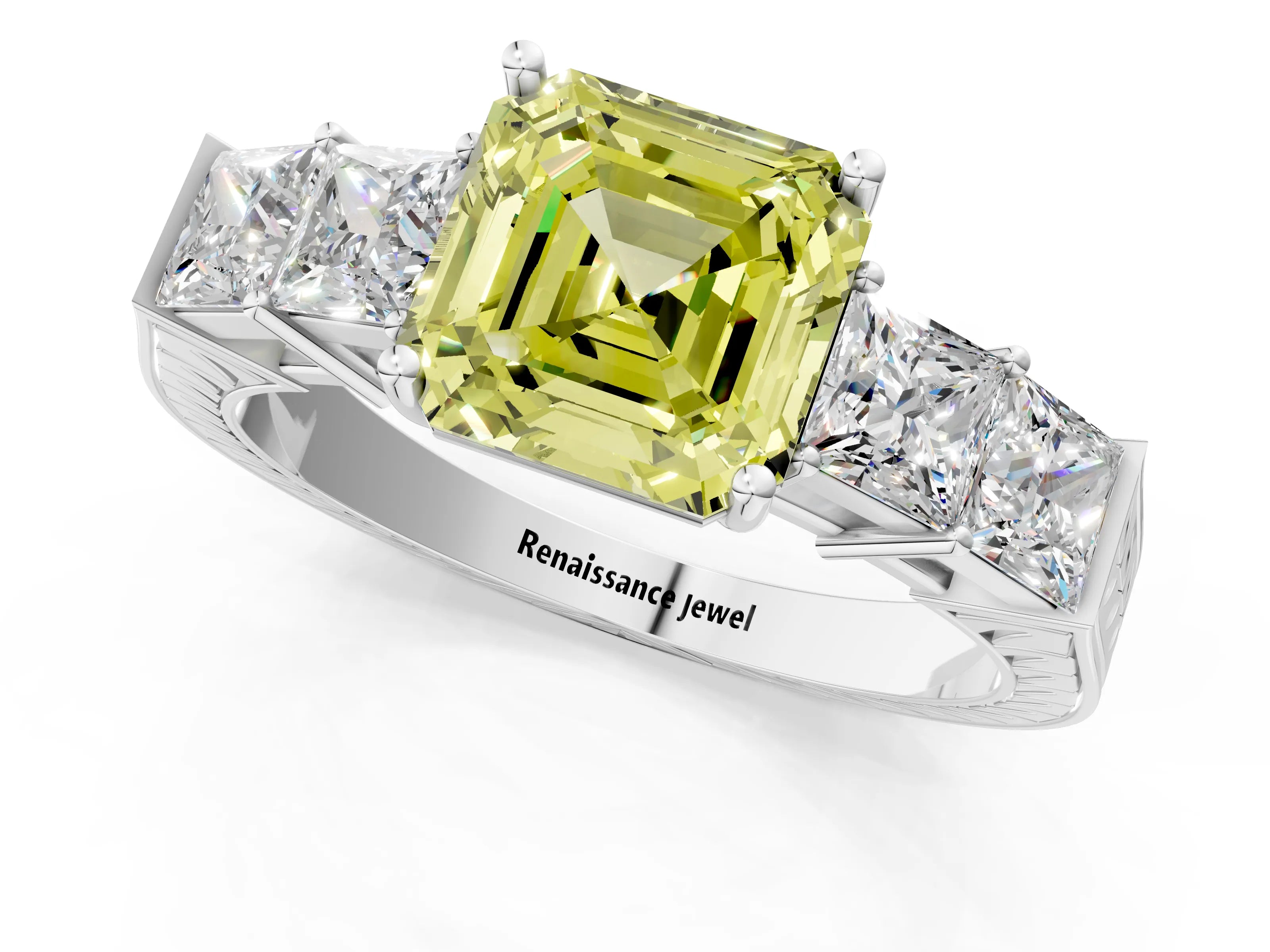 White gold Fancy Yellow Asscher Cut Solitaire Princess Side Stone Engraved Band Prong Setting Ring_37