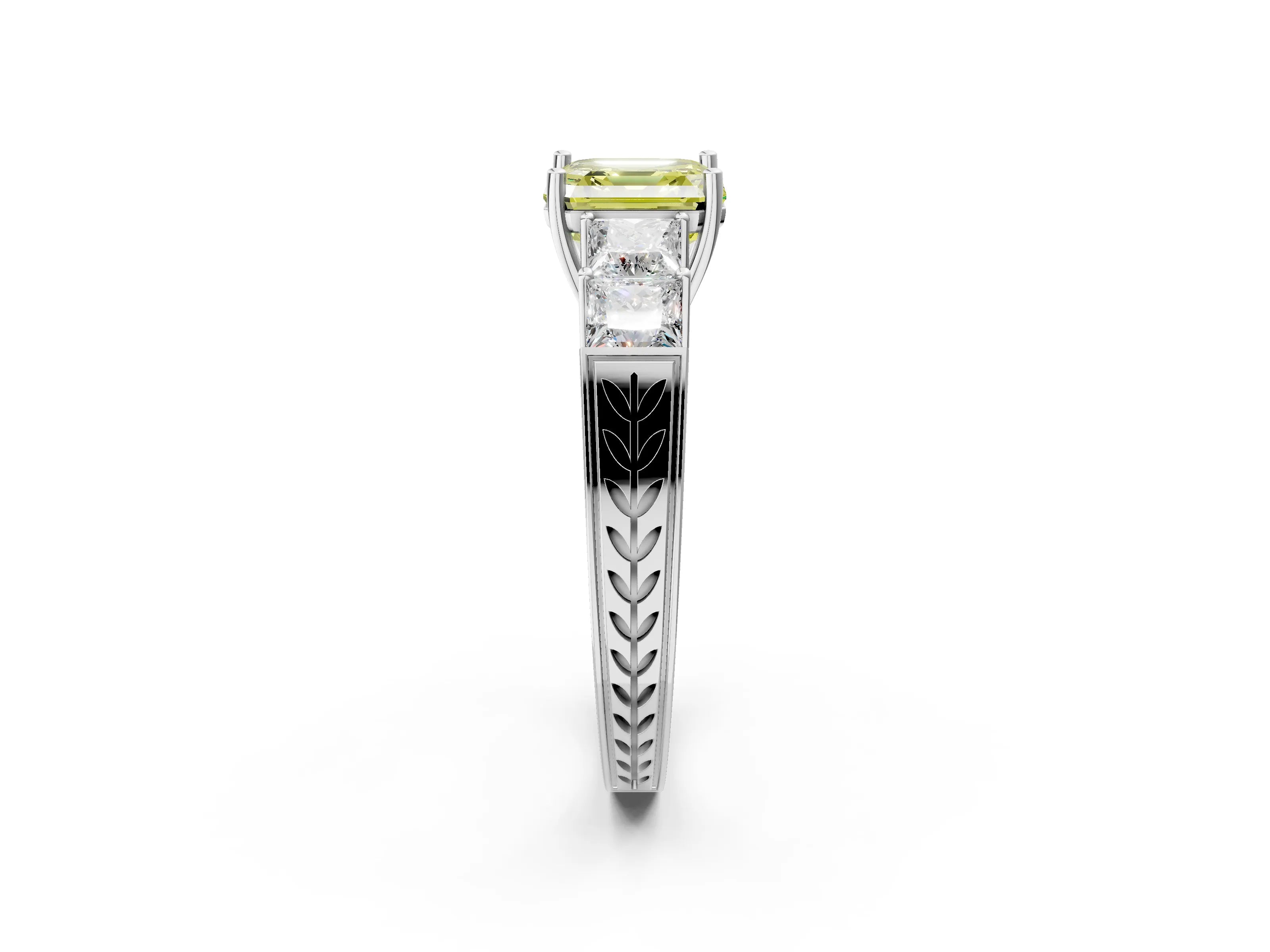 White gold Fancy Yellow Asscher Cut Solitaire Princess Side Stone Engraved Band Prong Setting Ring_38