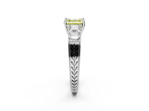 White gold Fancy Yellow Asscher Cut Solitaire Princess Side Stone Engraved Band Prong Setting Ring_38
