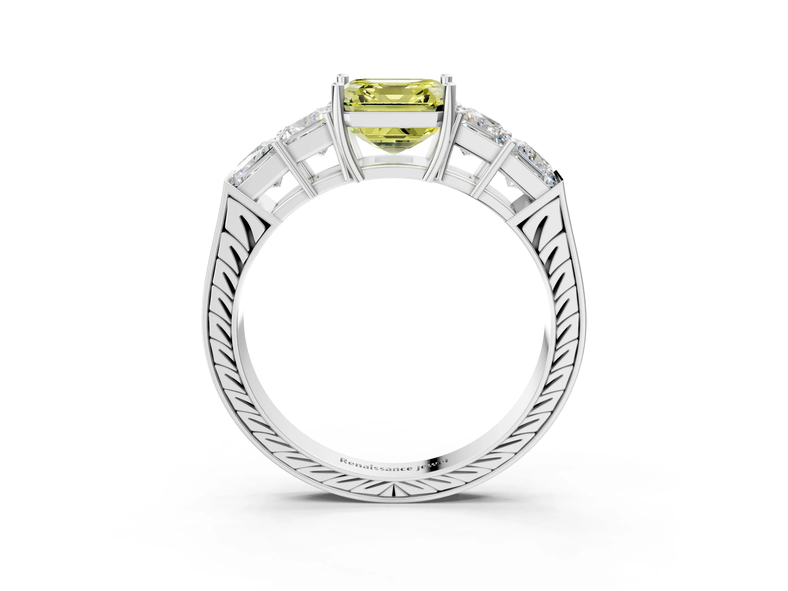 White gold Fancy Yellow Asscher Cut Solitaire Princess Side Stone Engraved Band Prong Setting Ring_39