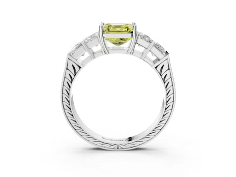 White gold Fancy Yellow Asscher Cut Solitaire Princess Side Stone Engraved Band Prong Setting Ring_39