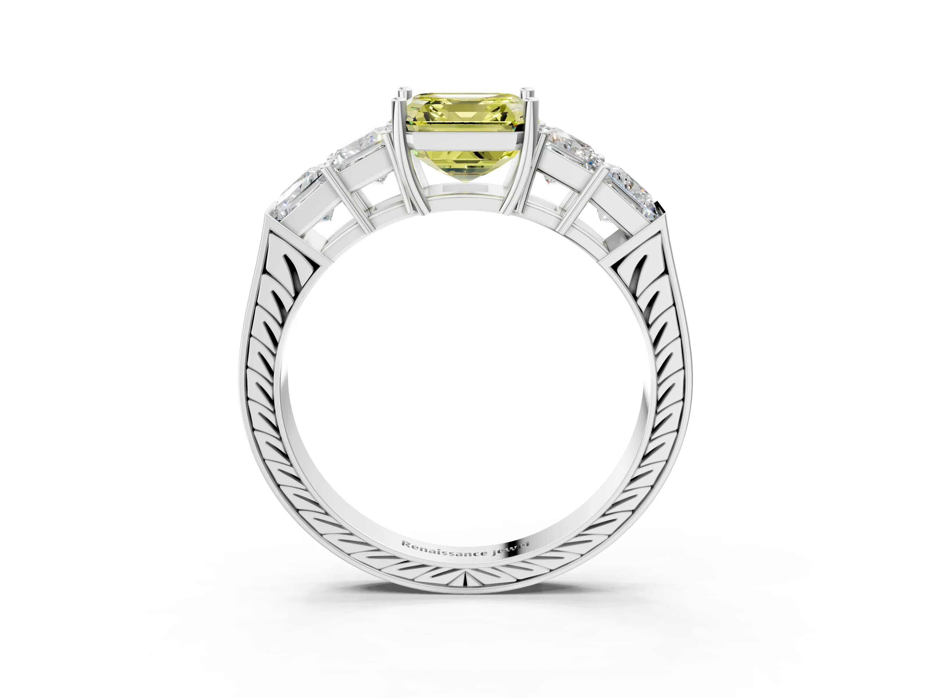 White gold Fancy Yellow Asscher Cut Solitaire Princess Side Stone Engraved Band Prong Setting Ring_3