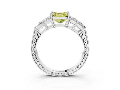 White gold Fancy Yellow Asscher Cut Solitaire Princess Side Stone Engraved Band Prong Setting Ring_3