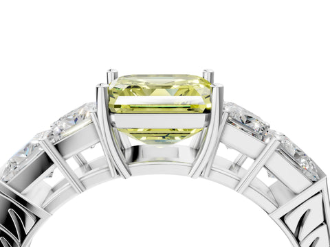 White gold Fancy Yellow Asscher Cut Solitaire Princess Side Stone Engraved Band Prong Setting Ring_40