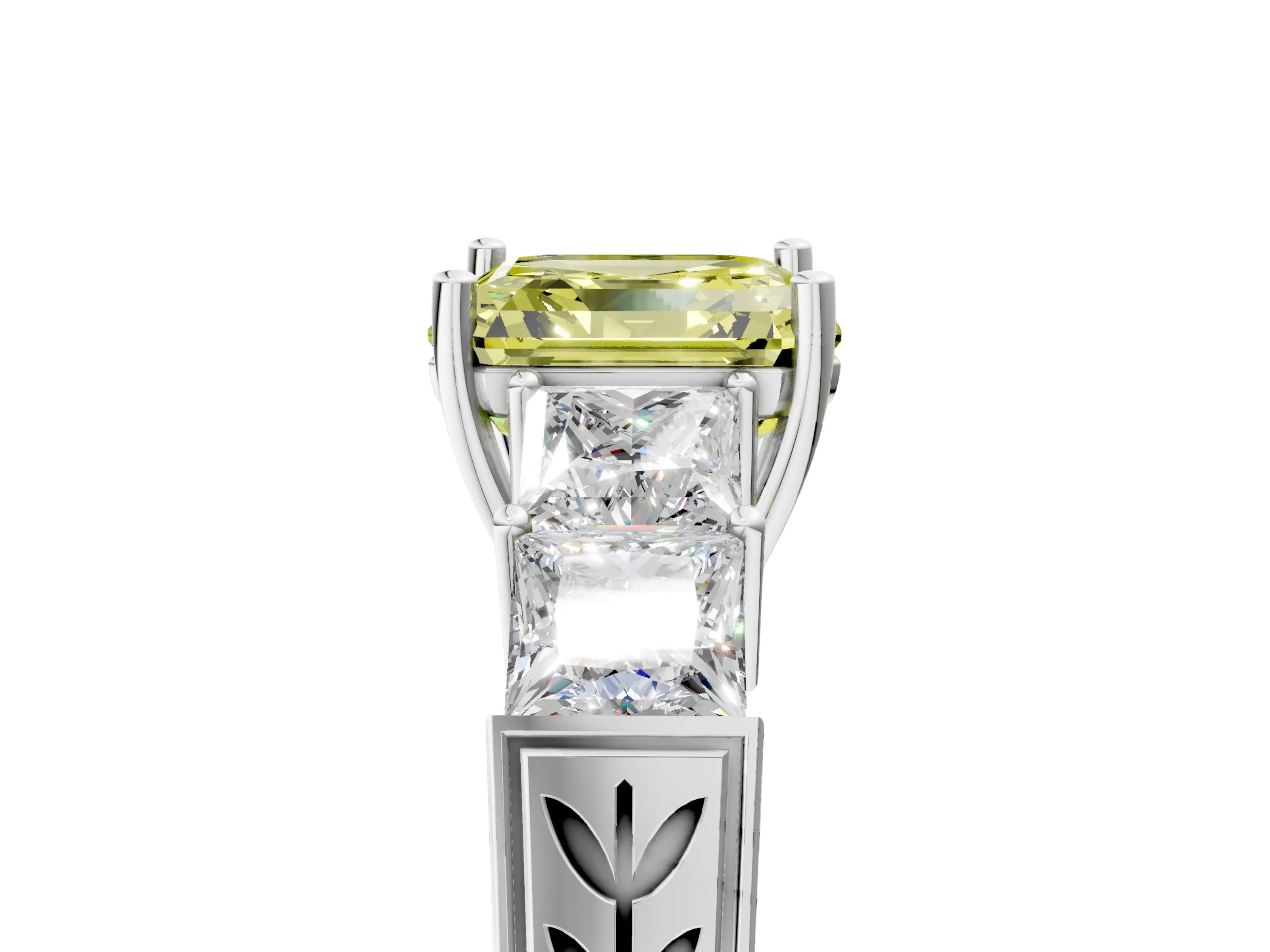 White gold Fancy Yellow Asscher Cut Solitaire Princess Side Stone Engraved Band Prong Setting Ring_41