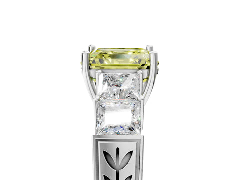 White gold Fancy Yellow Asscher Cut Solitaire Princess Side Stone Engraved Band Prong Setting Ring_41