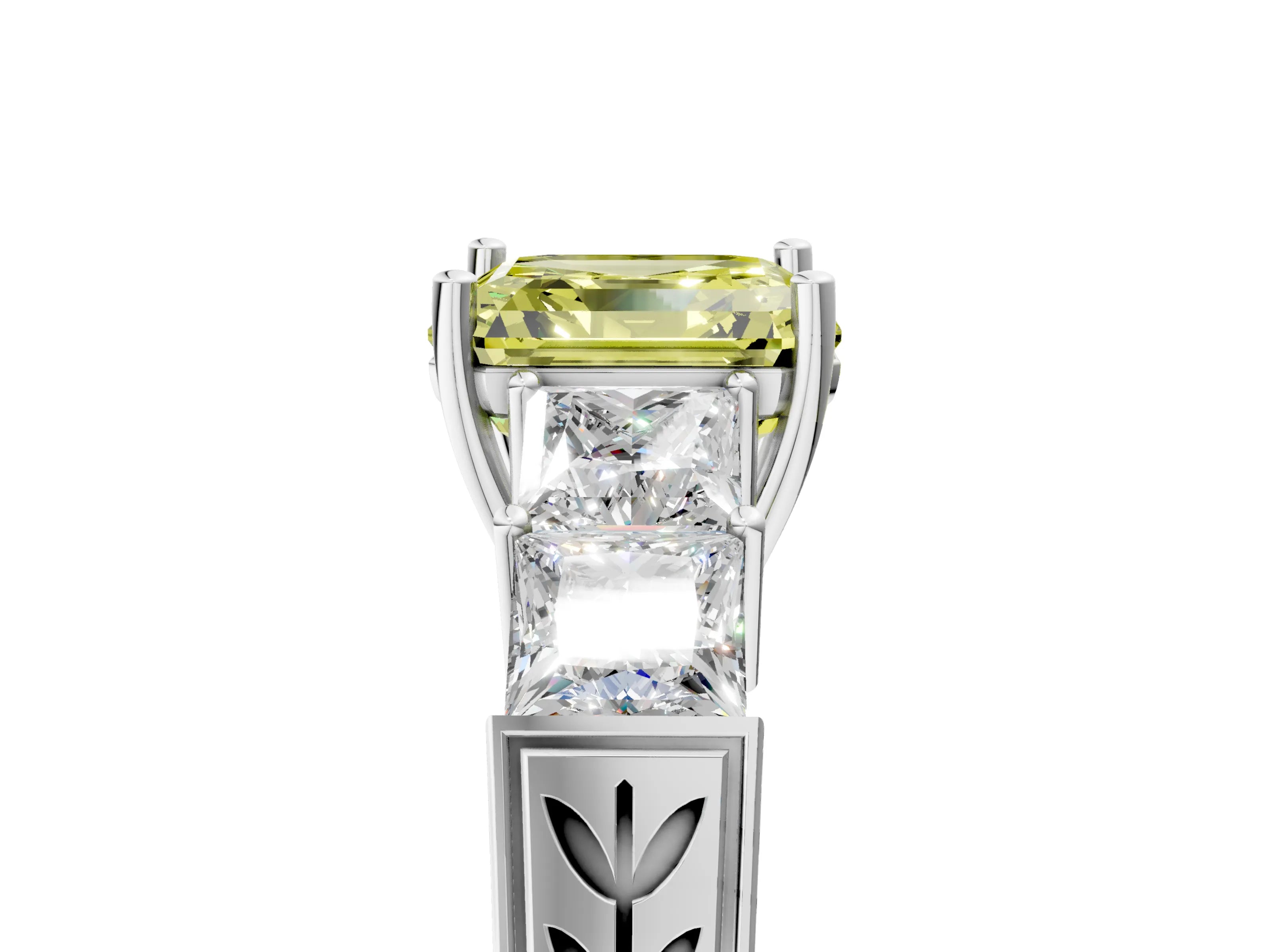 White gold Fancy Yellow Asscher Cut Solitaire Princess Side Stone Engraved Band Prong Setting Ring_5