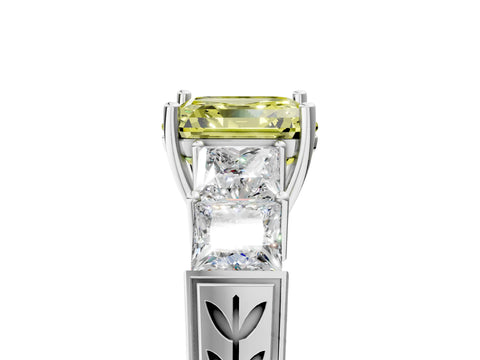 White gold Fancy Yellow Asscher Cut Solitaire Princess Side Stone Engraved Band Prong Setting Ring_5