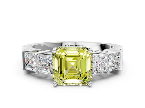 White gold Fancy Yellow Asscher Cut Solitaire Princess Side Stone Engraved Band Prong Setting Ring