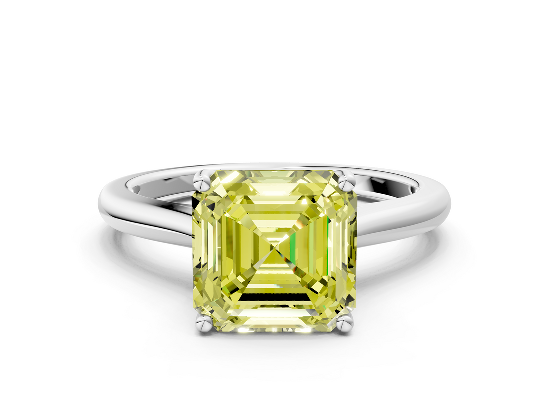 White gold Fancy Yellow Asscher  Cut Solitaire Ring with Cathedral Band and Four-Prong Setting