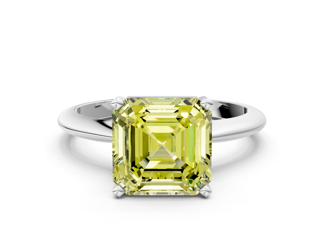 White gold Fancy Yellow Asscher  Cut Solitaire Ring with Four-Prong Setting on a Classic Band