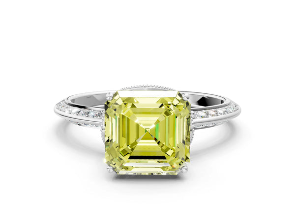 White Gold Asscher Cut Graduated Pave Engagement Ring Setting for Fancy Yellow Center
