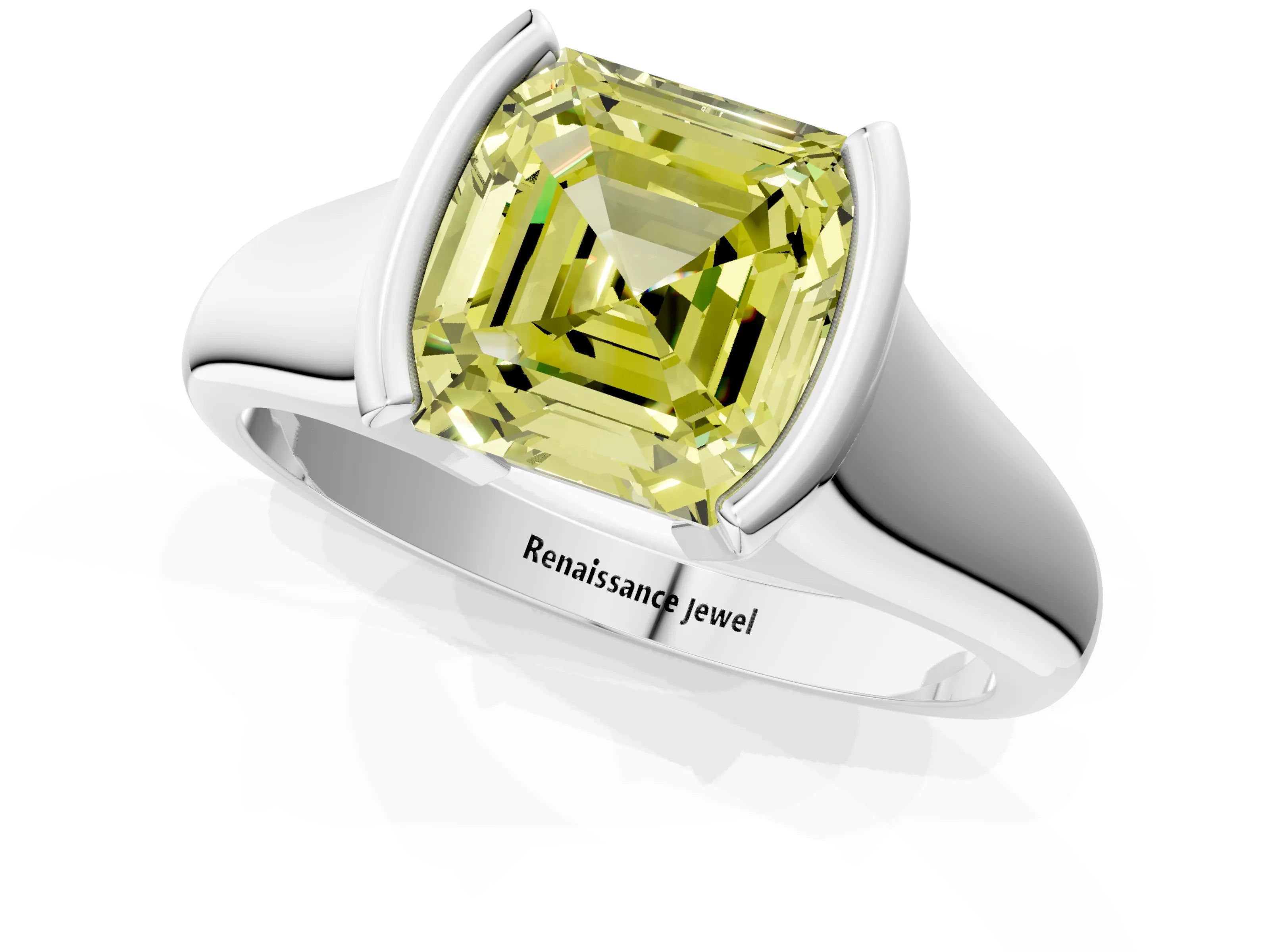 White gold Fancy Yellow Asscher Cut Solitaire Tension Set Diamond Ring with Split Shank Band_1