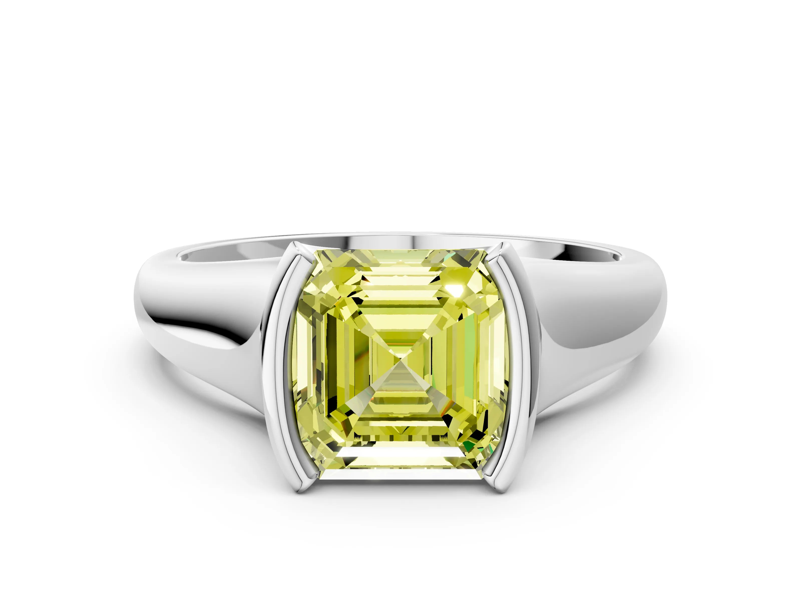 White gold Fancy Yellow Asscher Cut Solitaire Tension Set Diamond Ring with Split Shank Band_33