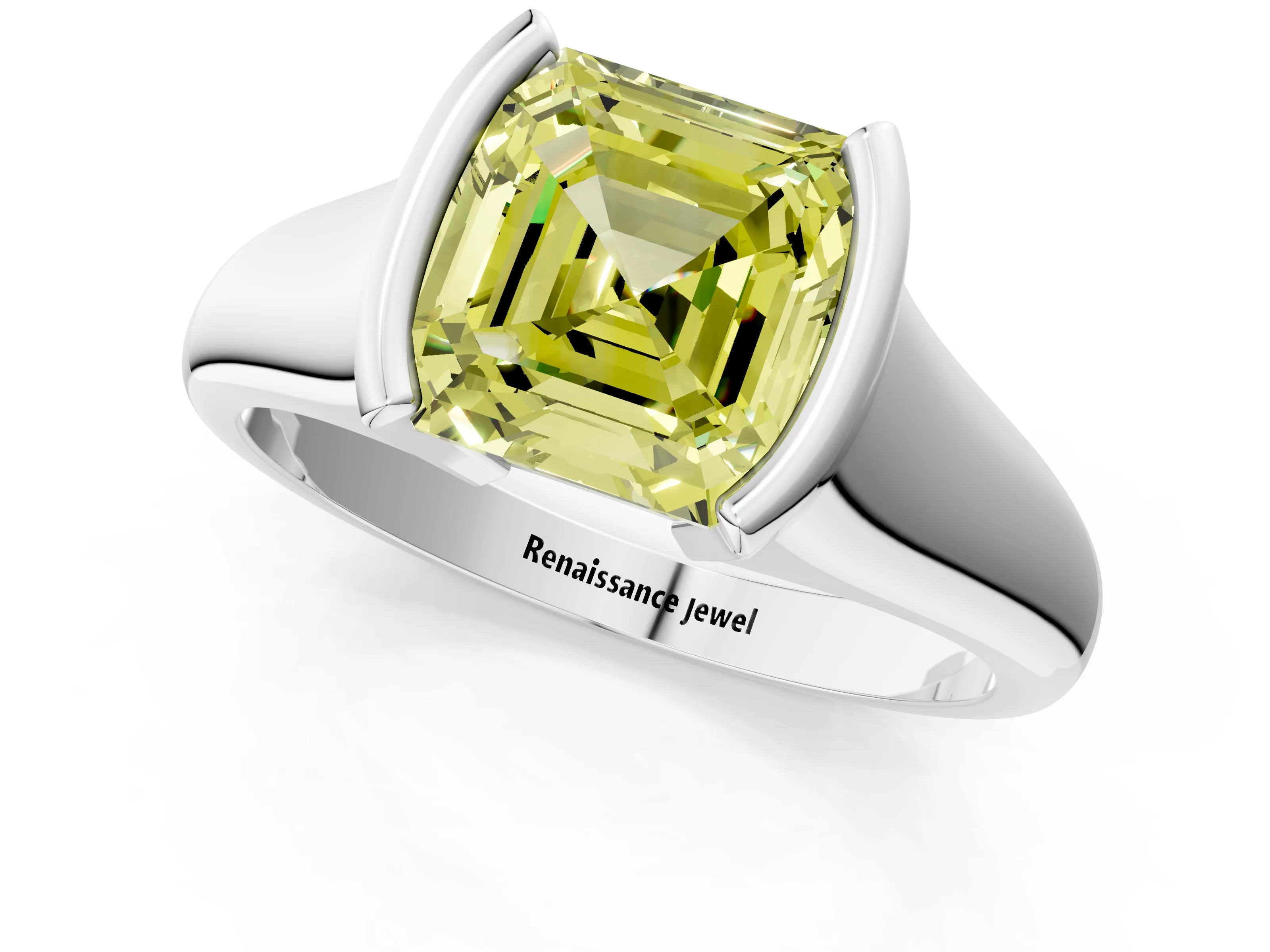 White gold Fancy Yellow Asscher Cut Solitaire Tension Set Diamond Ring with Split Shank Band_49