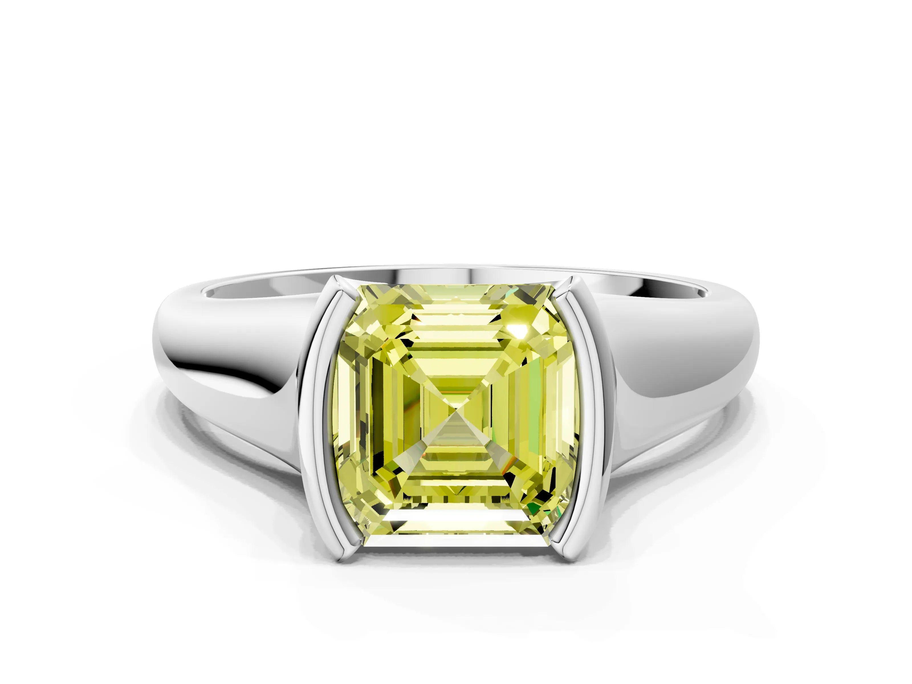 White gold Fancy Yellow Asscher Cut Solitaire Tension Set Diamond Ring with Split Shank Band