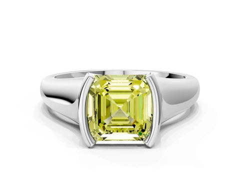 White gold Fancy Yellow Asscher Cut Solitaire Tension Set Diamond Ring with Split Shank Band