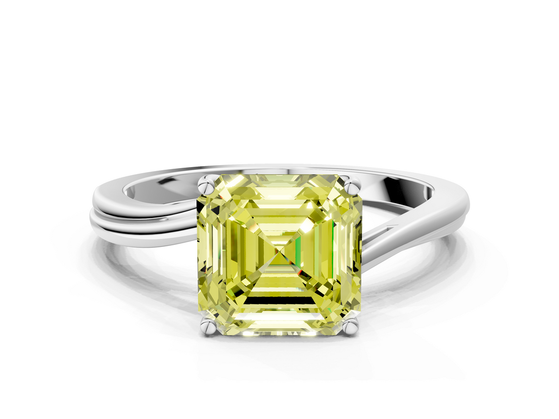 White gold Fancy Yellow Asscher  Cut Solitaire Twist Band Ring with Four-Prong Setting_17