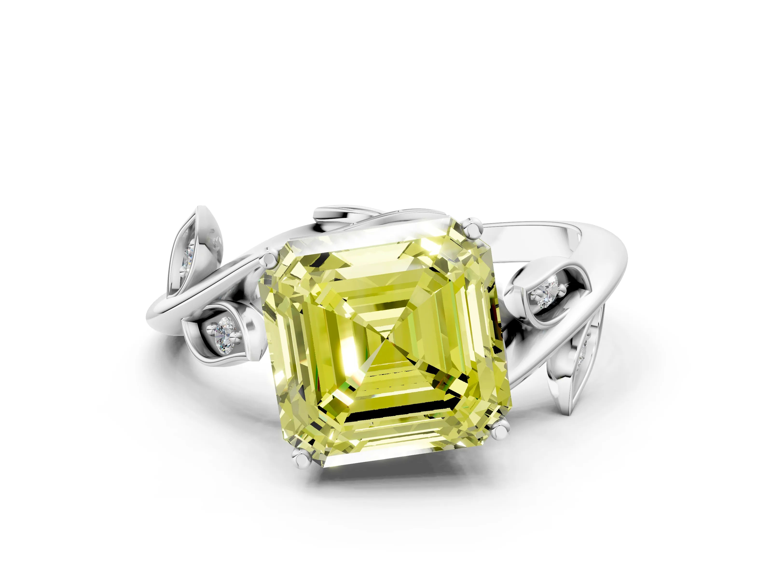 White gold Fancy Yellow Asscher Cut Solitaire Twist Engagement Ring with Leaf Accents and Prong Setting_12